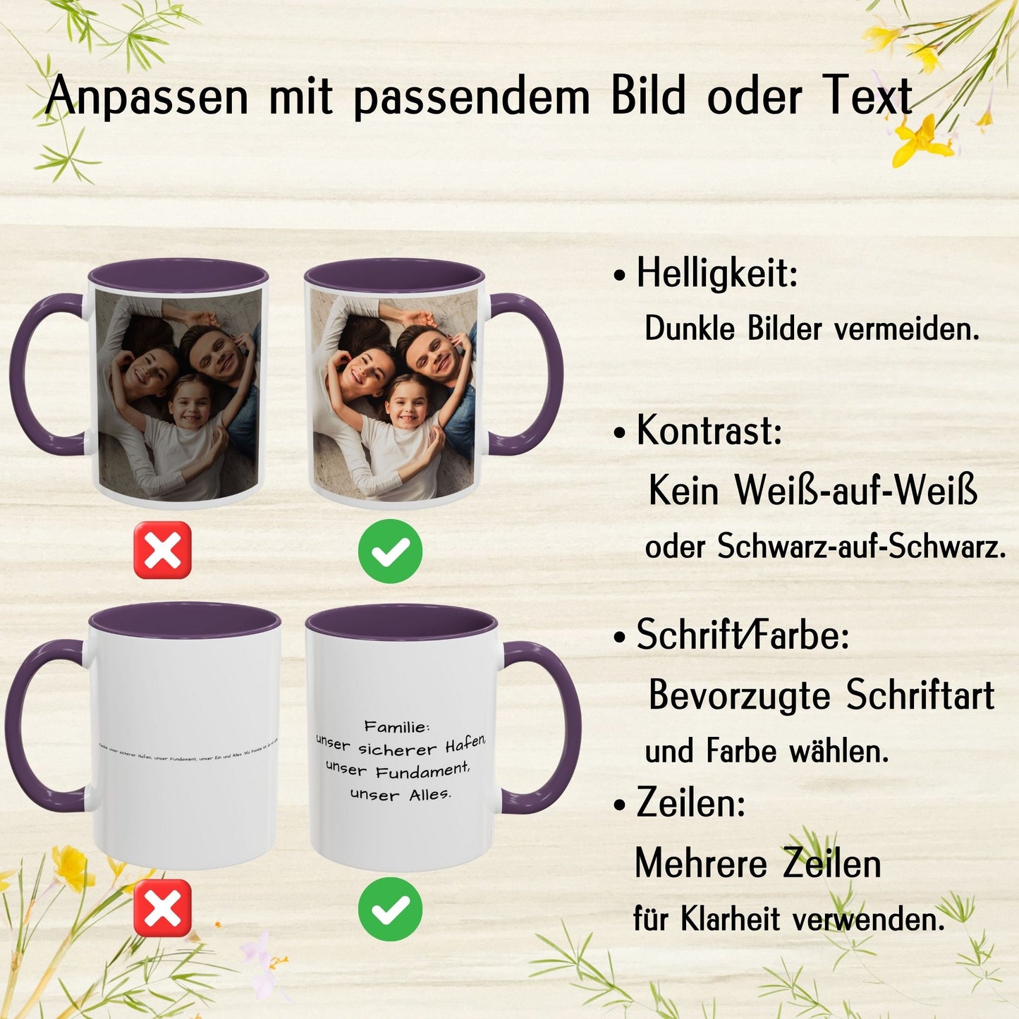 Personalisierte Tasse, weiß/lila, 325 ml, mit Foto, Text oder Logo, quadratisches Design