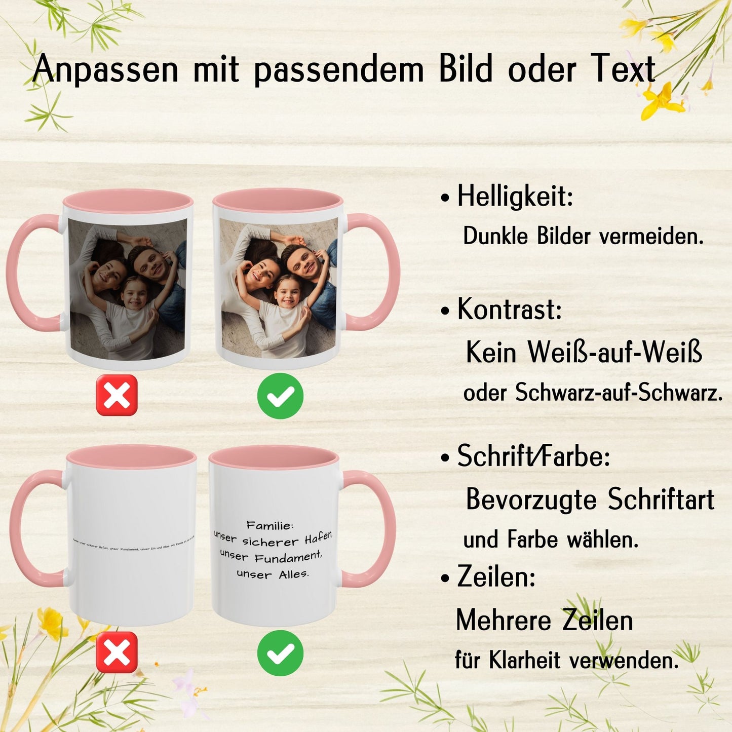Personalisierte Tasse, weiß/rosa, 325 ml, mit Foto, Text oder Logo, quadratisches Design