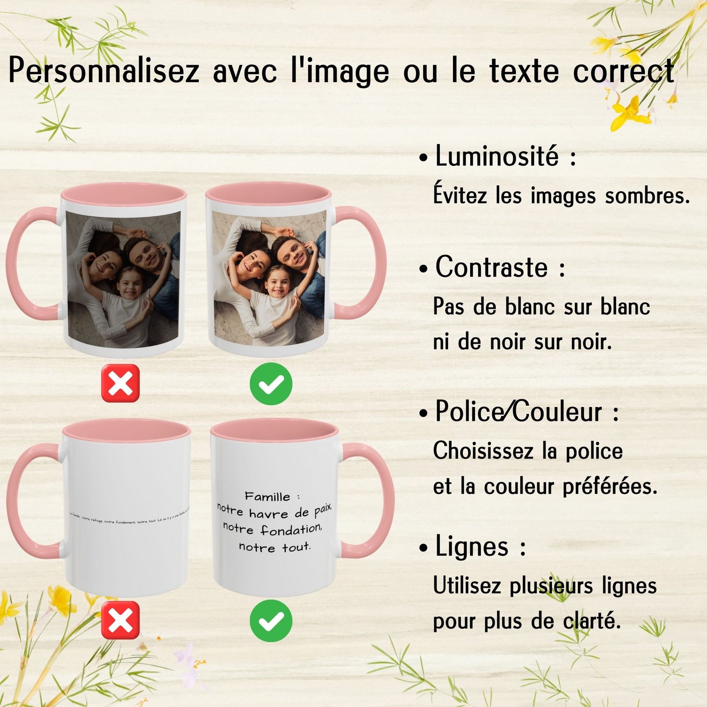 Mug personnalisé, 325 ml, en céramique, blanc/rose, design carré, cadeau personnalisé avec photo, texte ou logo