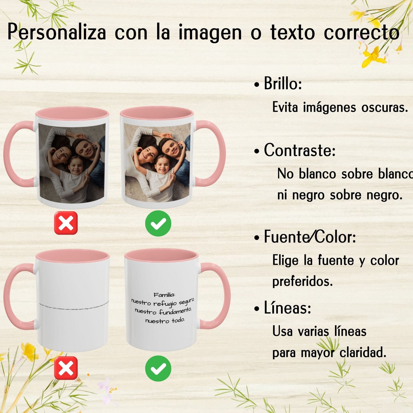 Tasse personnalisée, 325ml Blanc/rose Motif carré Céramique Tasse à café, Cadeau personnalisé avec photo, texte ou logo
