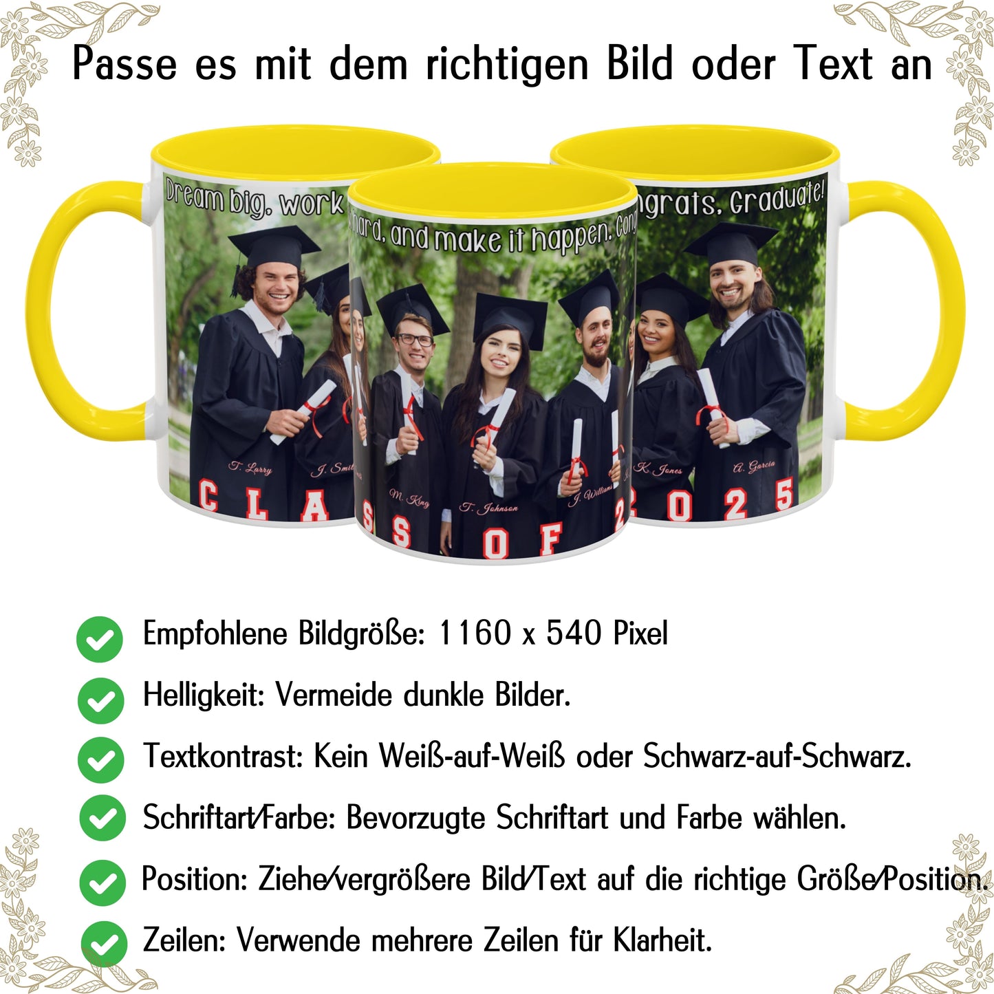 Personalisierte Tasse, 325ml Weiß/Gelb Rundum-Design Keramikkaffeetasse, personalisiertes Geschenk mit Foto, Text oder Logo