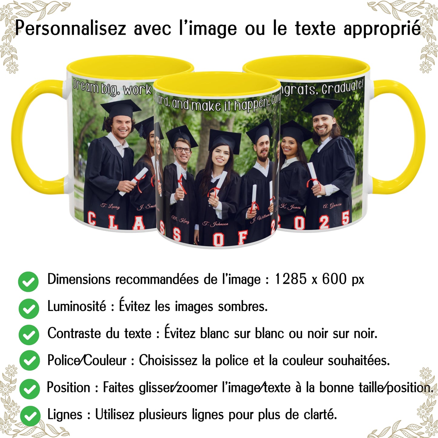 Mug personnalisé, Tasse à café en céramique blanche/jaune de 325 ml avec motif enveloppant, Cadeau personnalisé avec photo, texte ou logo