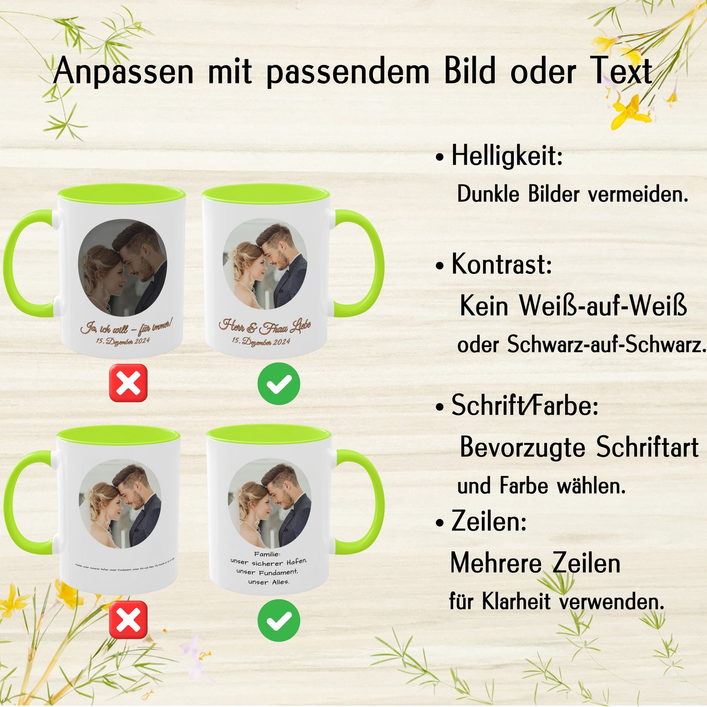Personalisierte Tasse, weiß/hellgrün, 325 ml, Geschenkidee mit Foto, Text oder Logo, Kreisdesign
