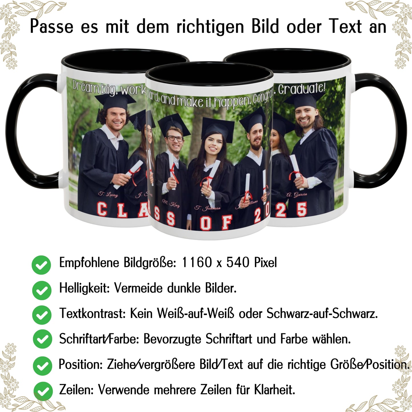 Personalisierte Tasse, 325ml Weiß/Schwarz Keramik-Kaffeetasse mit Rundumdesign, Personalisiertes Geschenk mit Foto, Text oder Logo