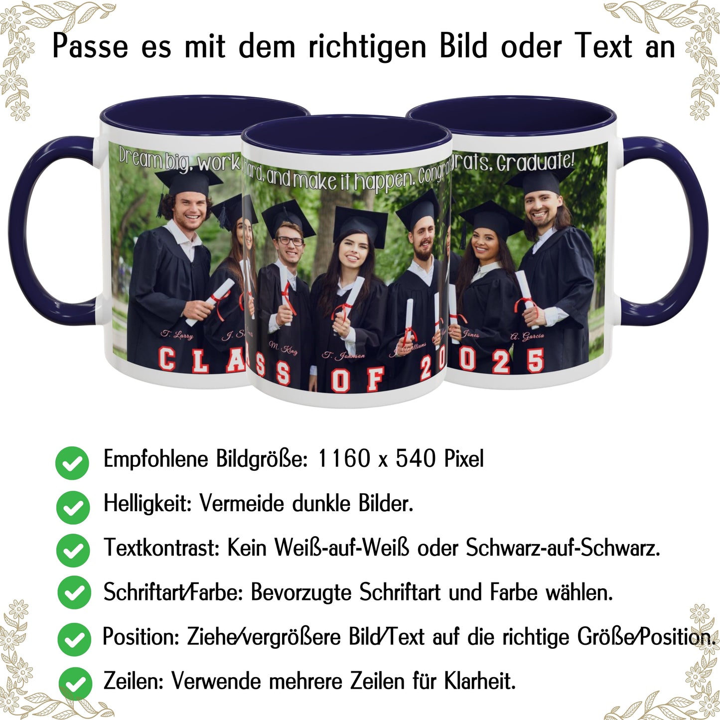 Personalisierte Tasse, weiß/marineblau, 325 ml, mit Foto, Text oder Logo, Rundum-Design