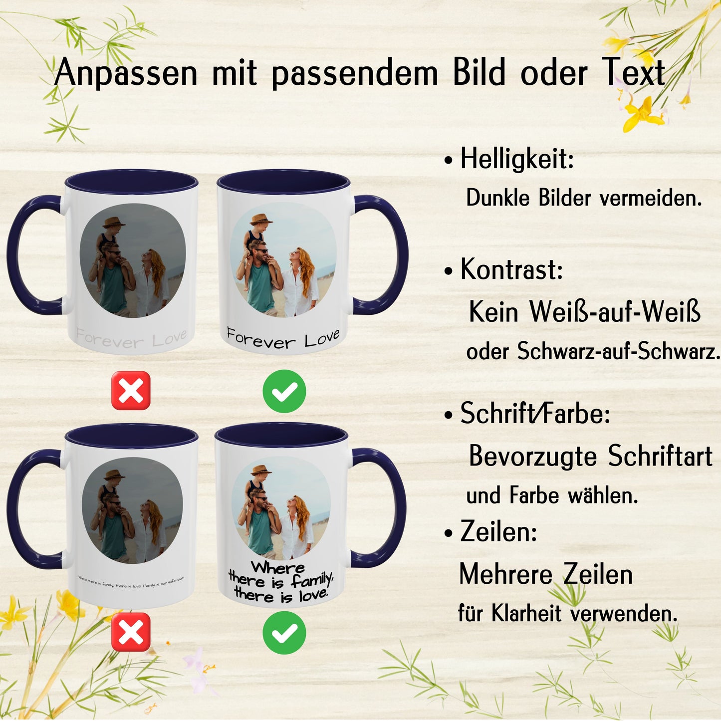 Personalisierte Tasse, weiß/marineblau, 325 ml, mit Foto, Text oder Logo, Kreisdesign