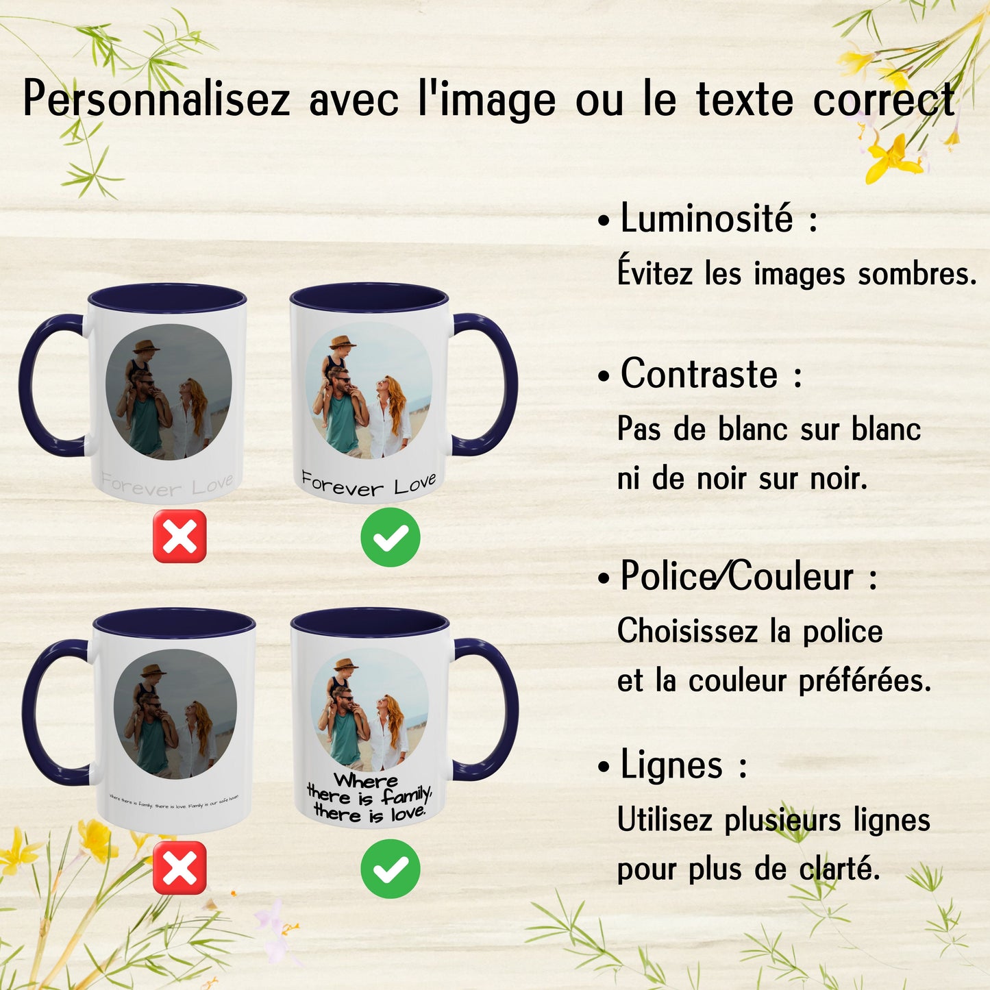 Mug personnalisé, Tasse à café en céramique 325 ml, design cercle blanc/bleu marine, cadeau personnalisé avec photo, texte ou logo