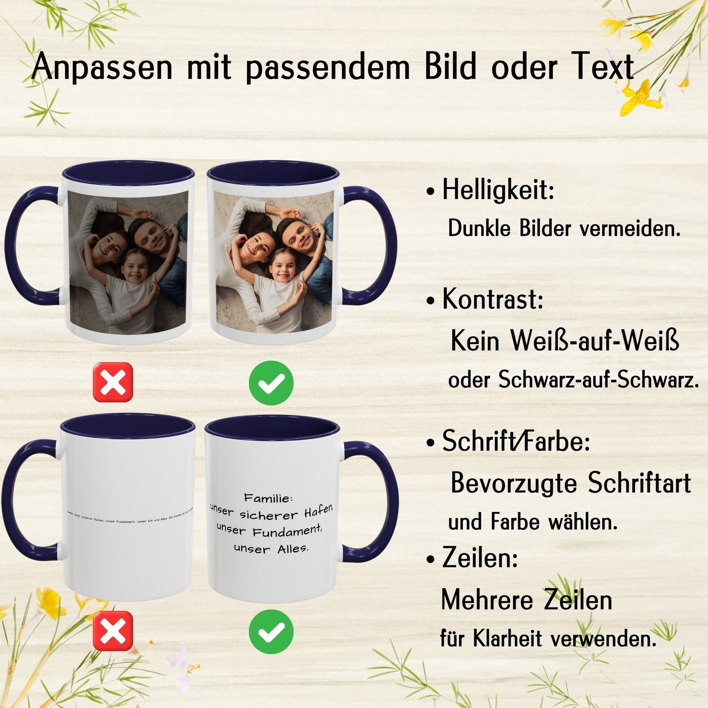Personalisierte Tasse, weiß/marineblau, 325 ml, Geschenkidee mit Foto, Text oder Logo, quadratisches Design