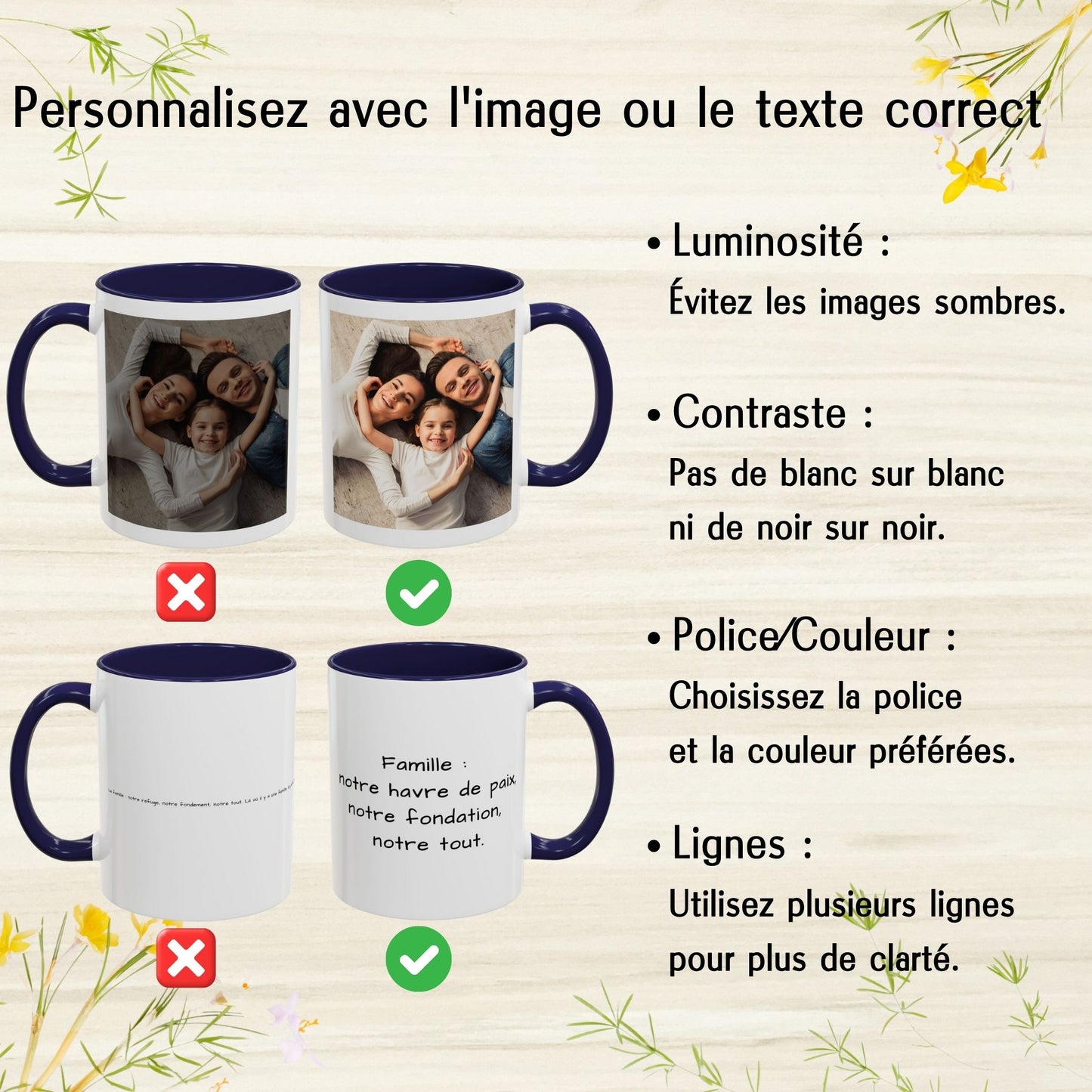 Personalisierte Tasse, 325 ml, weiß/marineblau, quadratisches Design, Keramikkaffeetasse, personalisiertes Geschenk mit Foto, Text oder Logo