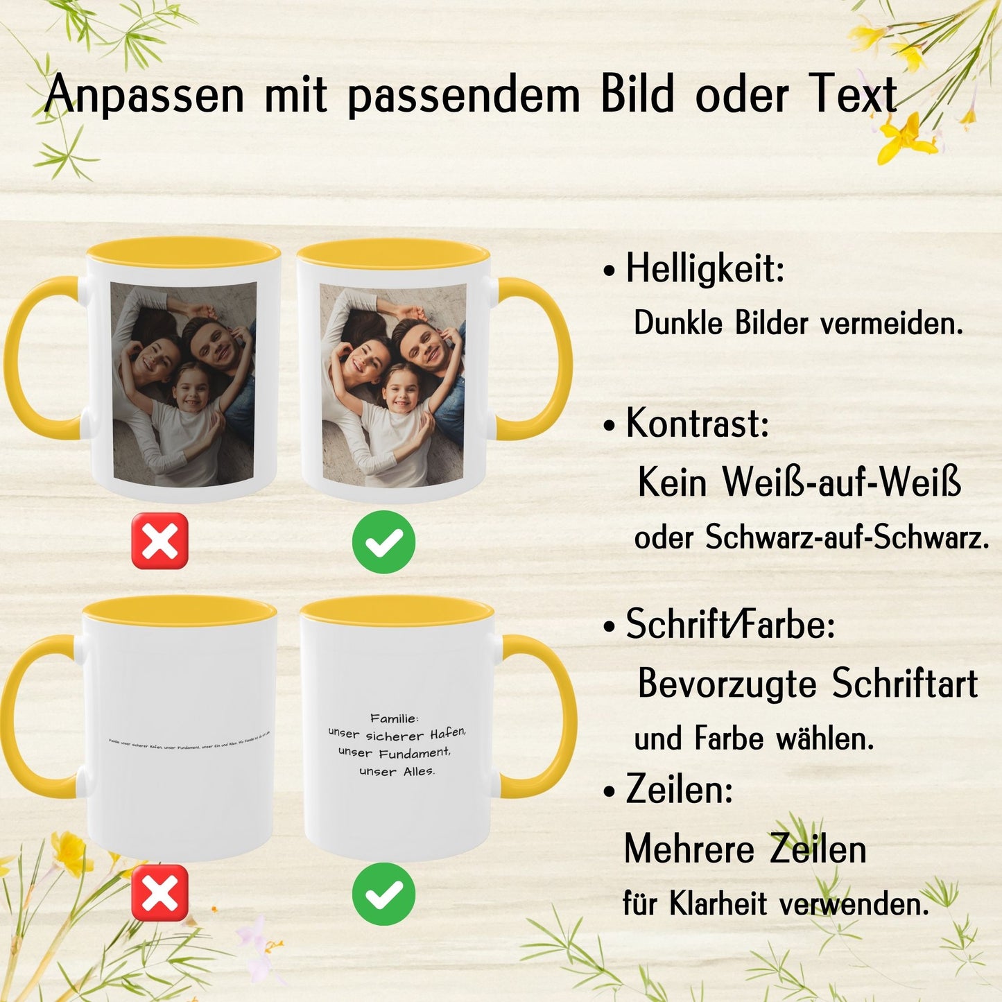 Personalisierte Tasse, weiß/goldgelb, 325 ml, Geschenkidee mit Foto, Text oder Logo, quadratisches Design