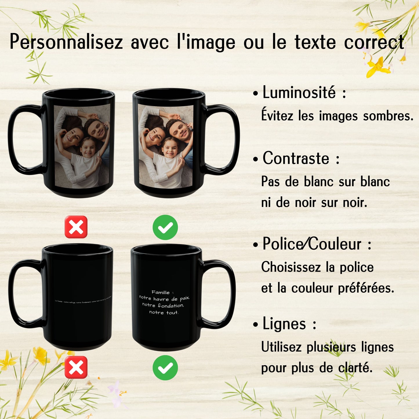 Personalisierte Tasse, 425 ml, komplett schwarz, quadratisches Design, Keramik-Kaffeetasse, personalisiertes Geschenk mit Foto, Text oder Logo