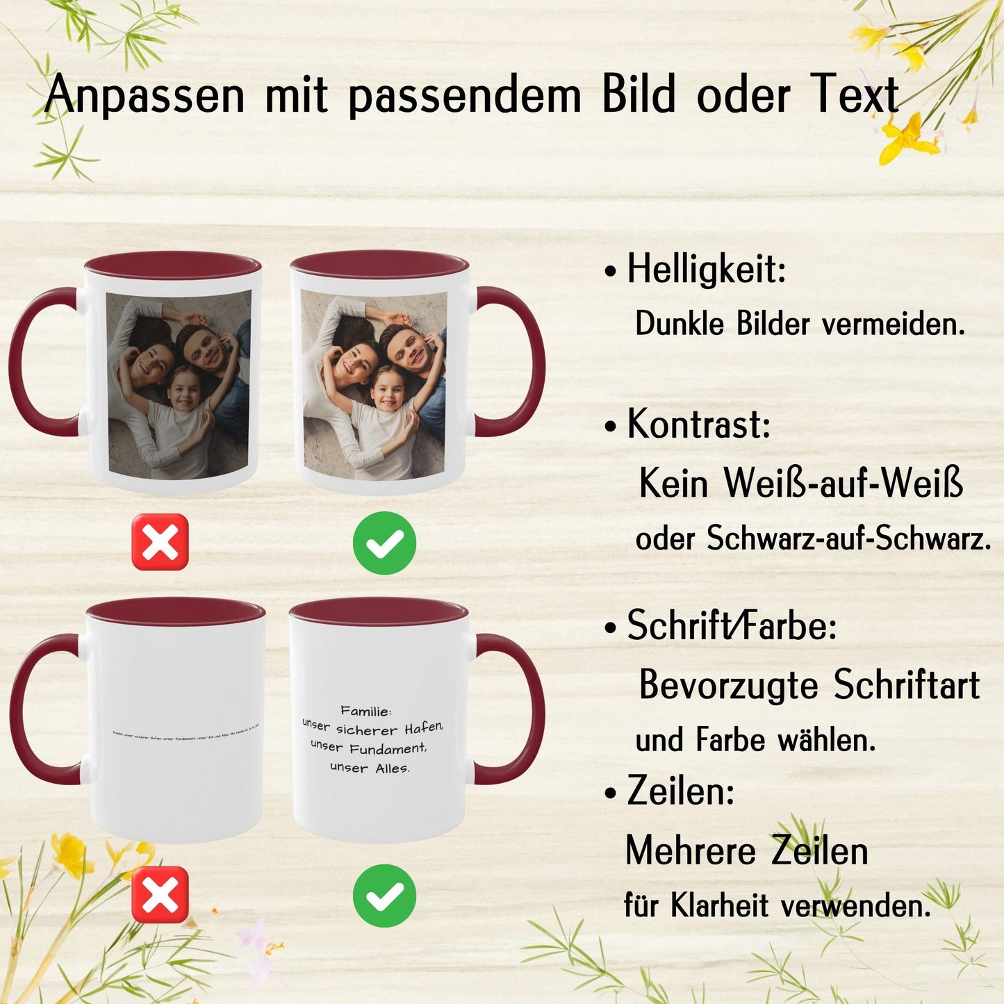 Personalisierte Tasse, 325ml Weiß/Bordeauxrot mit quadratischem Design, Keramik-Kaffeetasse, personalisiertes Geschenk mit Foto, Text oder Logo