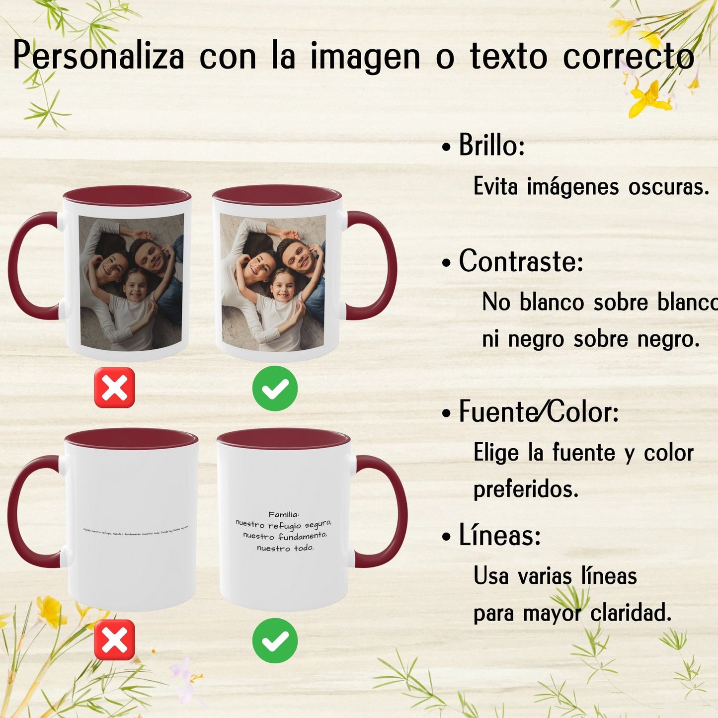 Mug personnalisé, 325ml Blanc/grenat Motif carré Céramique Mug à café, Cadeau personnalisé avec photo, texte ou logo