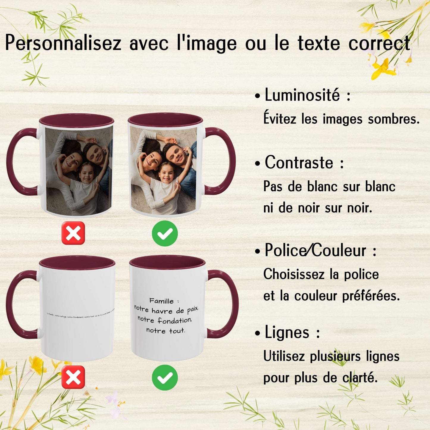 Personalisierte Tasse, 325ml Weiß/Bordeauxrot mit quadratischem Design, Keramik-Kaffeetasse, personalisiertes Geschenk mit Foto, Text oder Logo