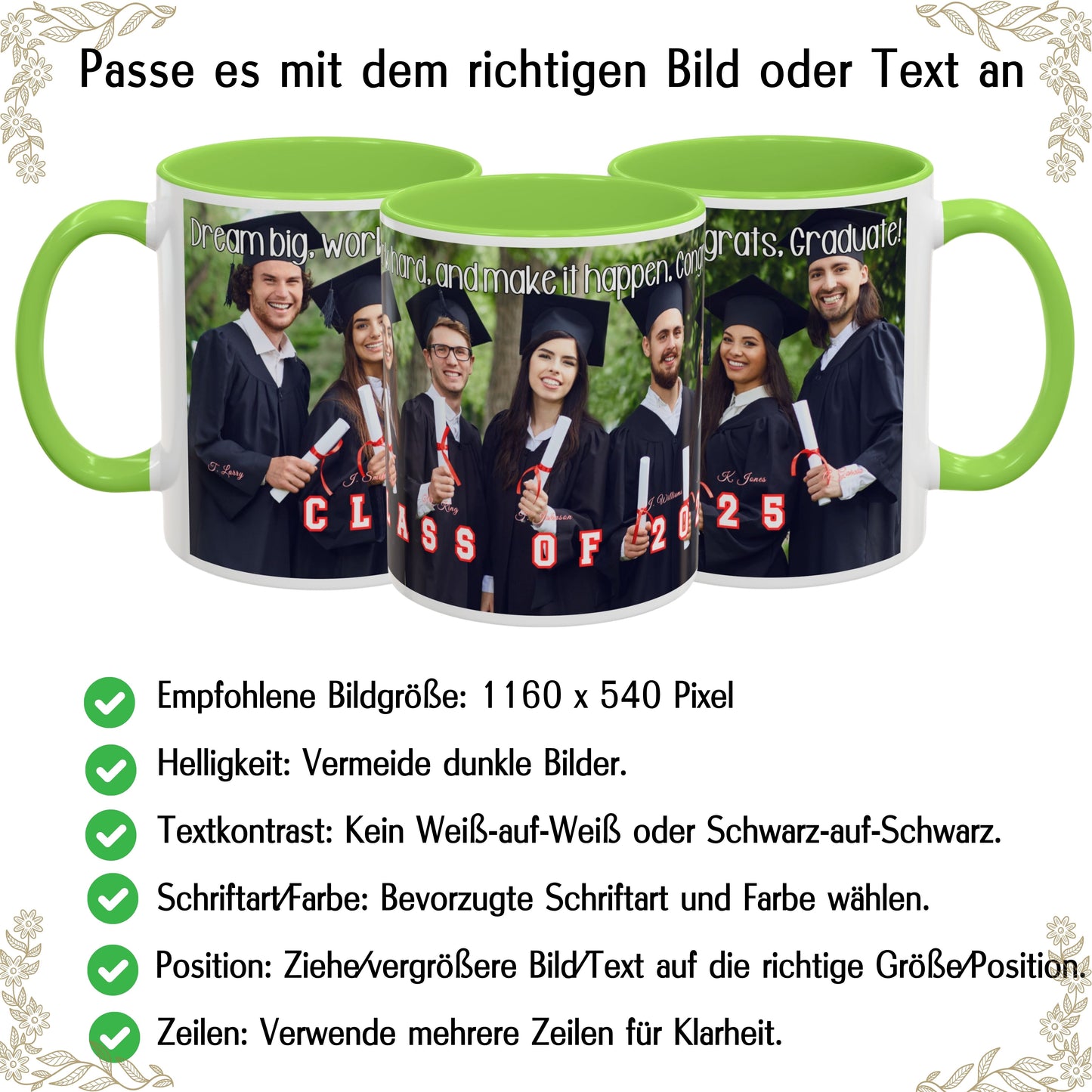 Personalisierte Tasse, weiß/hellgrün, 325 ml, Geschenkidee mit Foto, Text oder Logo, Rundum-Design