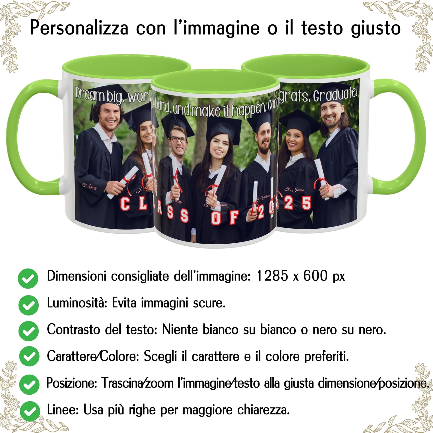 Tazza personalizzata, 325 ml Bianco/verde chiaro Design avvolgente Tazza da caffè in ceramica, Regalo personalizzato con foto, testo o logo