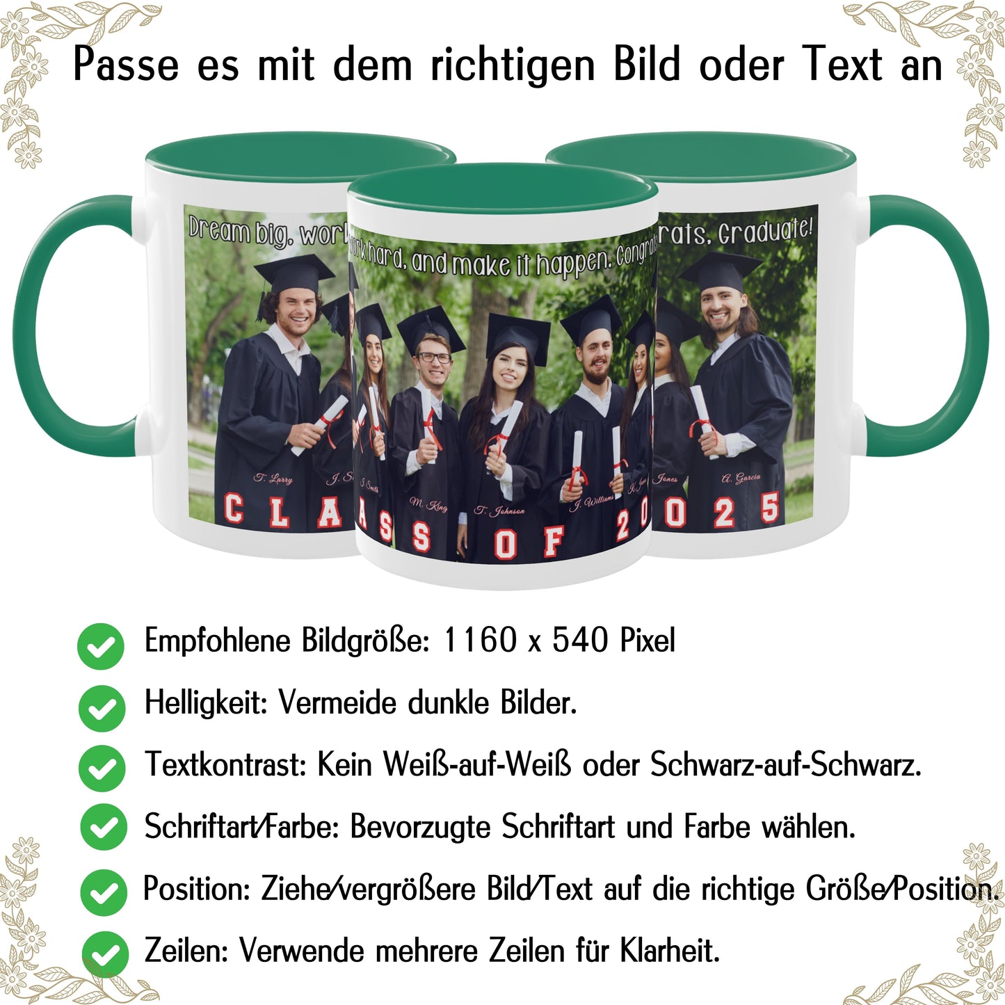 Personalisierte Tasse Weiß/Grün, 325 ml, Geschenkidee mit Foto, Text oder Logo, Rundum-Design