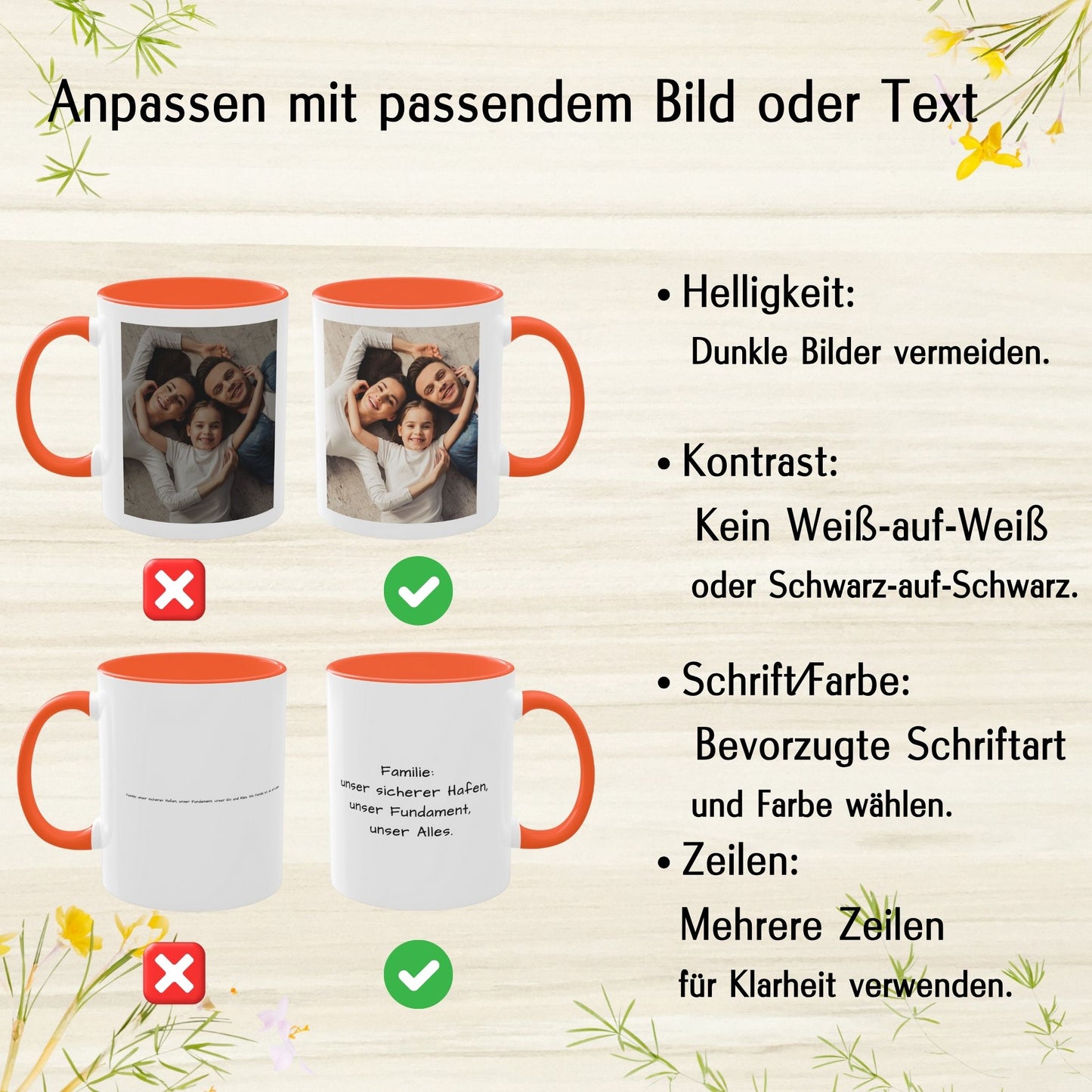 Personalisierte Tasse, weiß/orange, 325 ml, mit Foto, Text oder Logo, quadratisches Design
