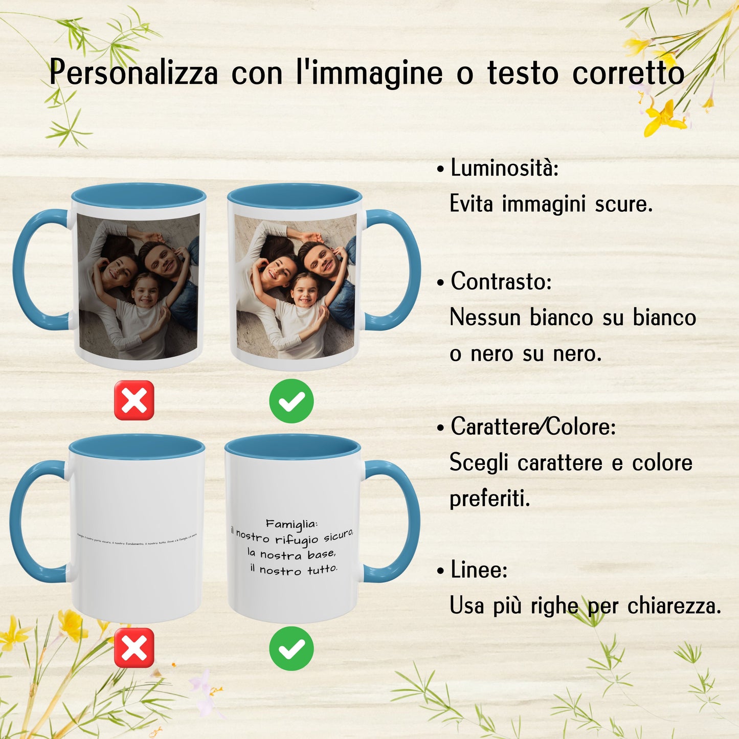 Personalisierte Tasse, 325 ml, Weiß/Hellblau, quadratisches Design, Keramikkaffeetasse, personalisiertes Geschenk mit Foto, Text oder Logo