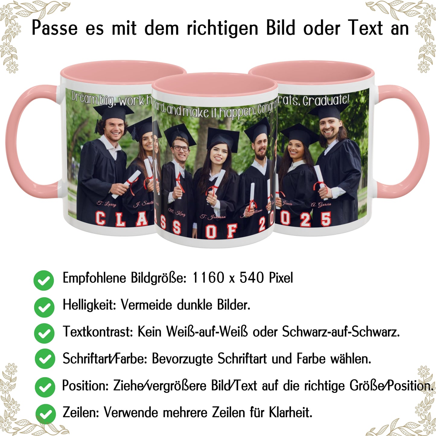 Personalisierte Tasse, weiß/rosa, 325 ml, Geschenkidee mit Foto, Text oder Logo, Rundum-Design