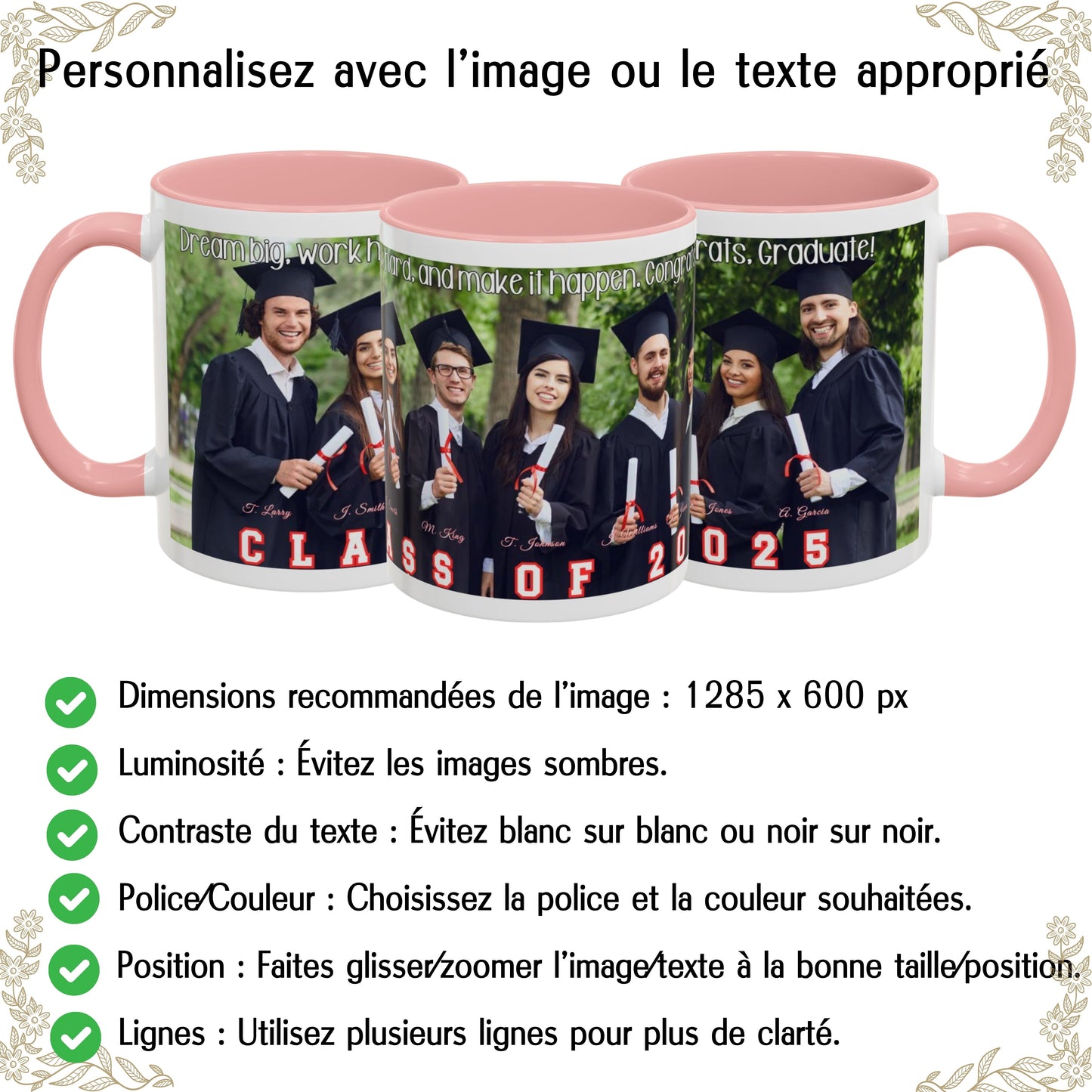Mug personnalisé, 325 ml, en céramique, blanc/rose, motif enveloppant, cadeau personnalisé avec photo, texte ou logo