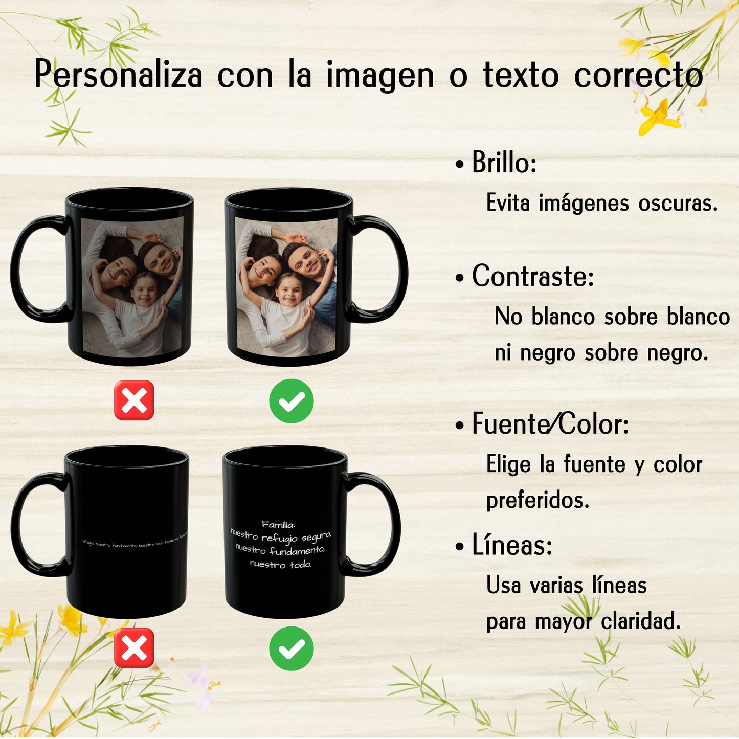 Tasse personnalisée, 325 ml Entièrement noire Motif carré Céramique Tasse à café, Cadeau personnalisé avec photo, texte ou logo