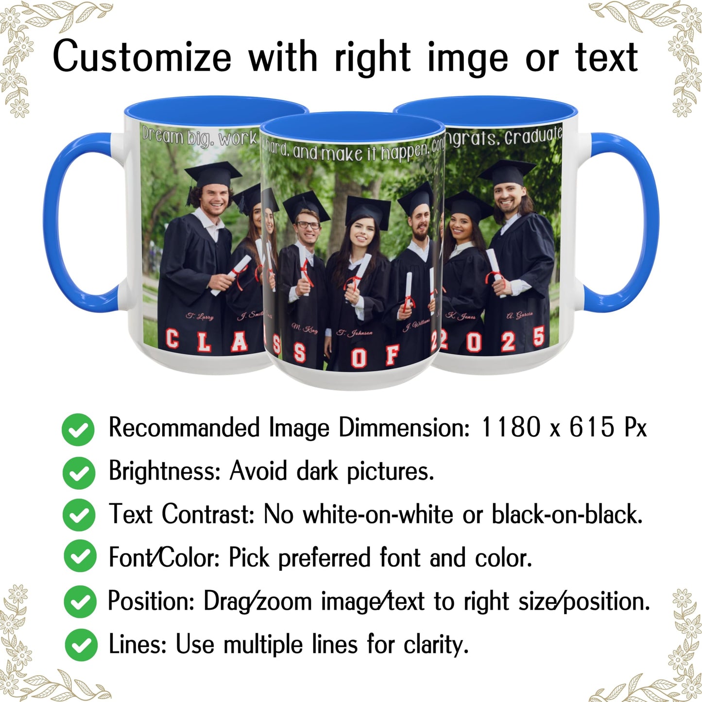 Mug personnalisé, 15oz Blanc/Bleu Cambridge Mug en céramique avec motif enveloppant, Cadeau personnalisé avec photo, texte ou logo