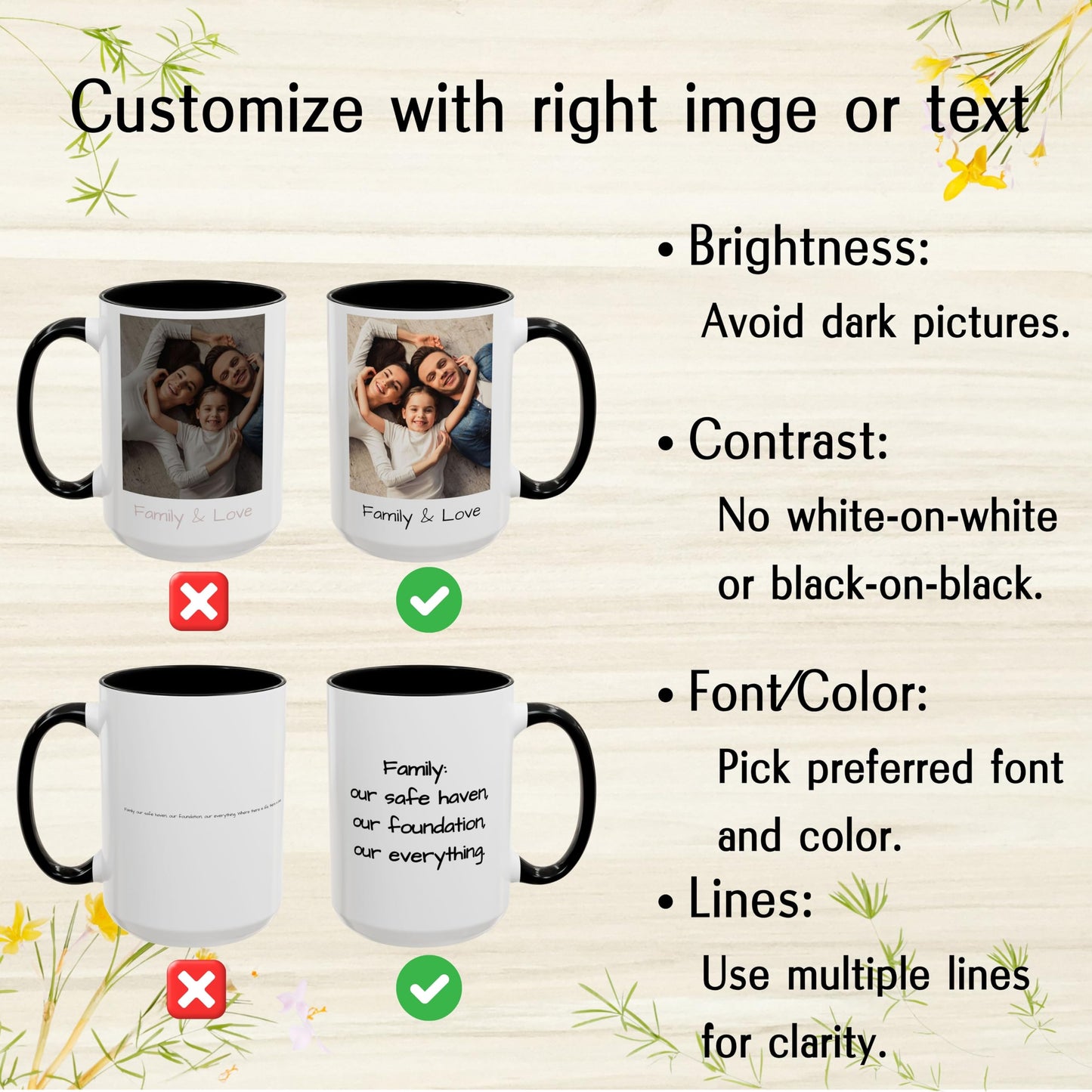Mug personnalisé, Tasse à café en céramique à motif carré de 44 cl (blanc/noir), Cadeau personnalisé avec photo, texte ou logo