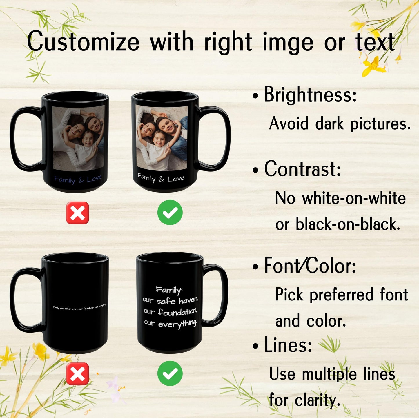 Mug carré personnalisé noir 44 cl (15 oz), cadeau personnalisé avec photo, texte ou logo