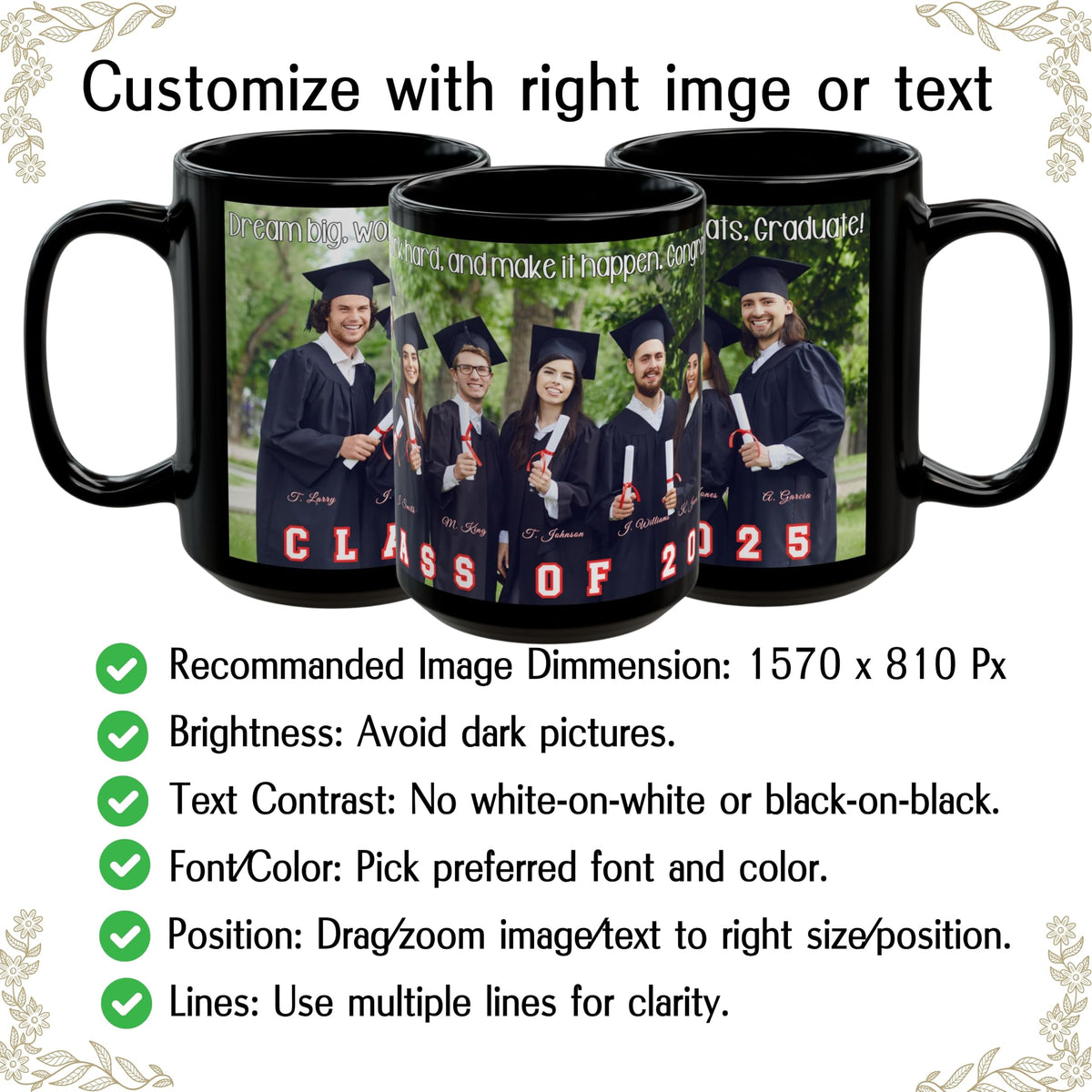 Custom Mug, 425ml All Black Wrap Around Design Ceramic Coffee Mug, Personalized Gift with Photo, Text or Logo