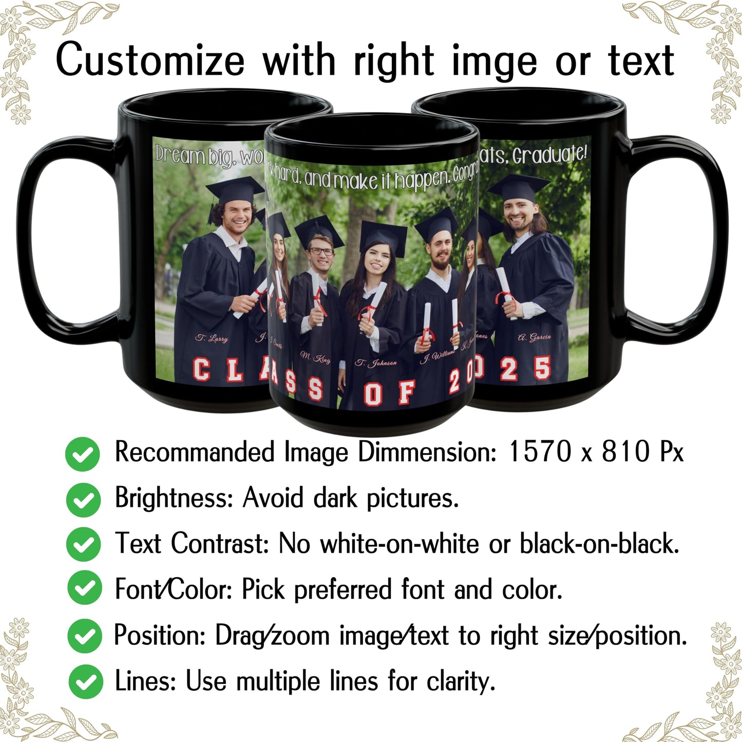 Custom Mug, 15oz All Black Wrap Around Design Ceramic Coffee Mug, Personalized Gift with Photo, Text or Logo