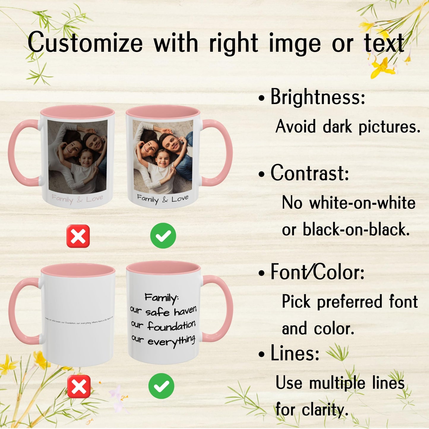 Custom Mug, 11oz White/Pink Square Design Ceramic Coffee Mug, Personalized Gift with Photo, Text or Logo