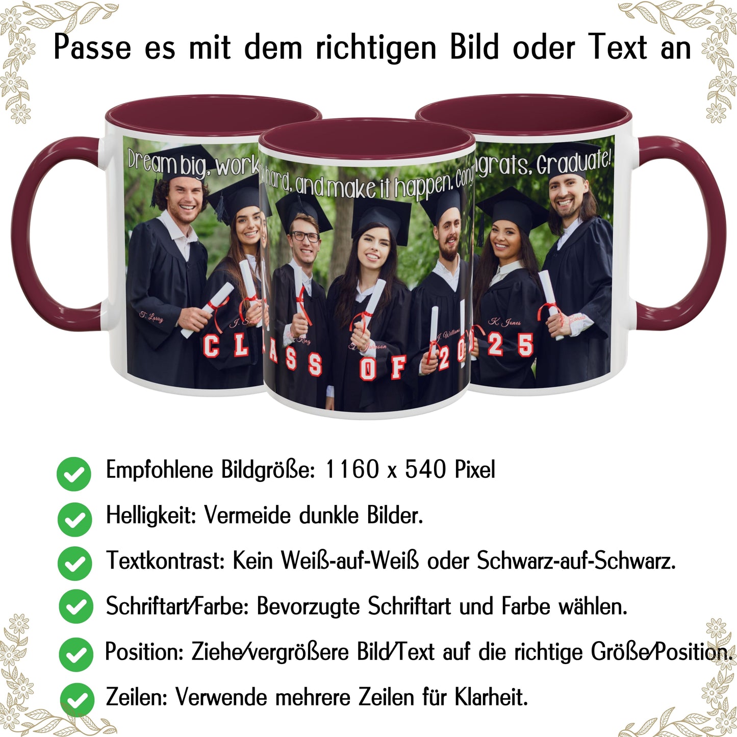 Custom Mug, 325ml White/Maroon Wrap Around Design Ceramic Coffee Mug, Personalized Gift with Photo, Text or Logo
