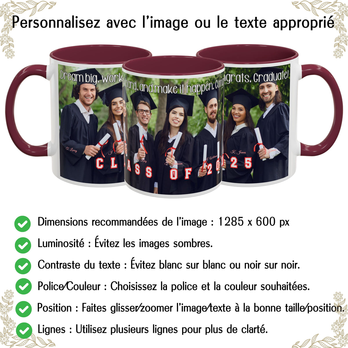 Custom Mug, 325ml White/Maroon Wrap Around Design Ceramic Coffee Mug, Personalized Gift with Photo, Text or Logo