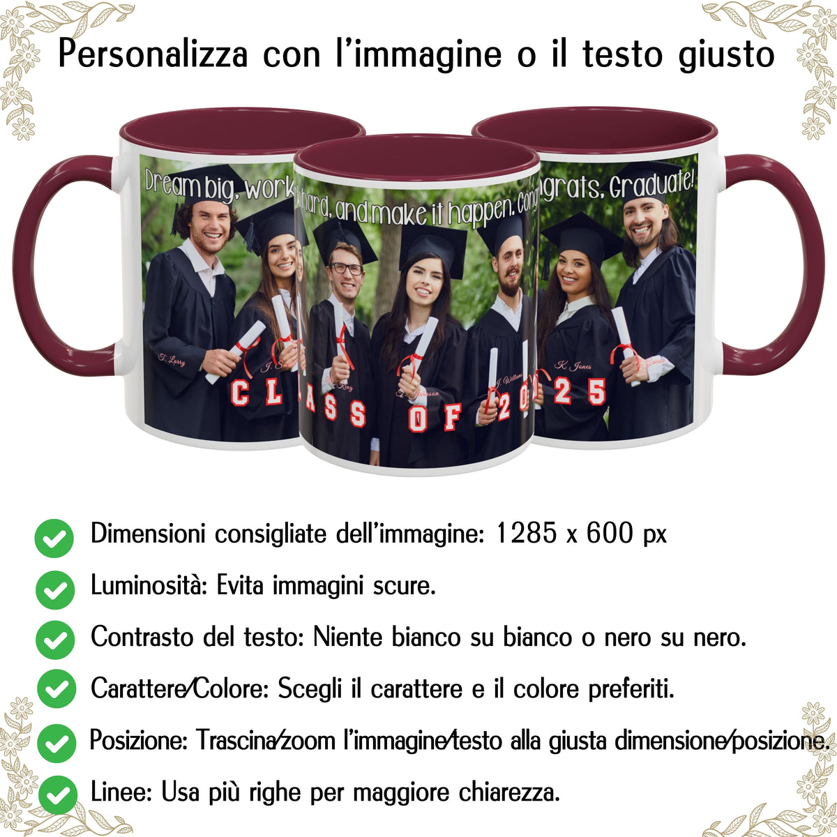 Tazza personalizzata, 325 ml Bianco/bordò Design avvolgente Tazza da caffè in ceramica, Regalo personalizzato con foto, testo o logo