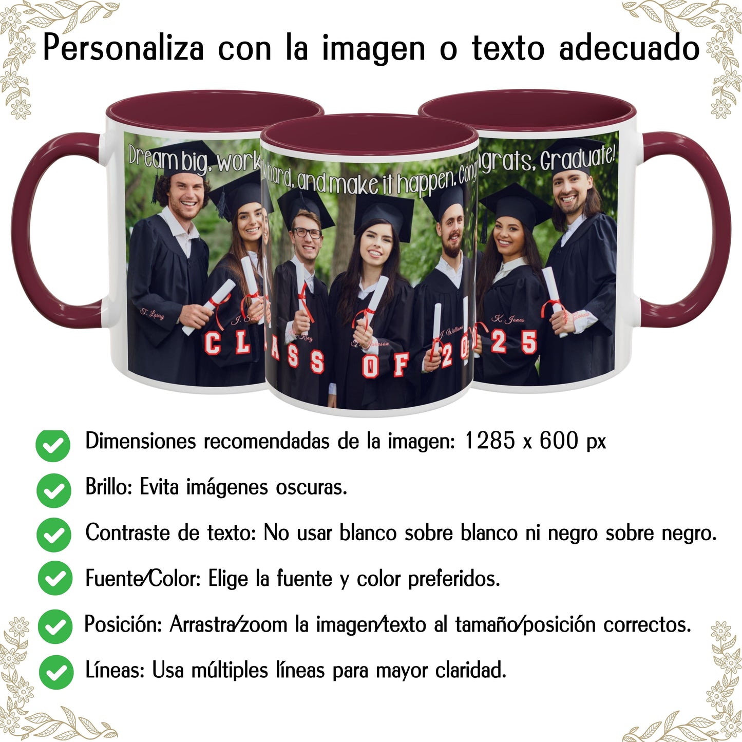 Taza personalizada, 325ml Blanco/granate Diseño envolvente Cerámica Taza de café, Regalo personalizado con foto, texto o logo
