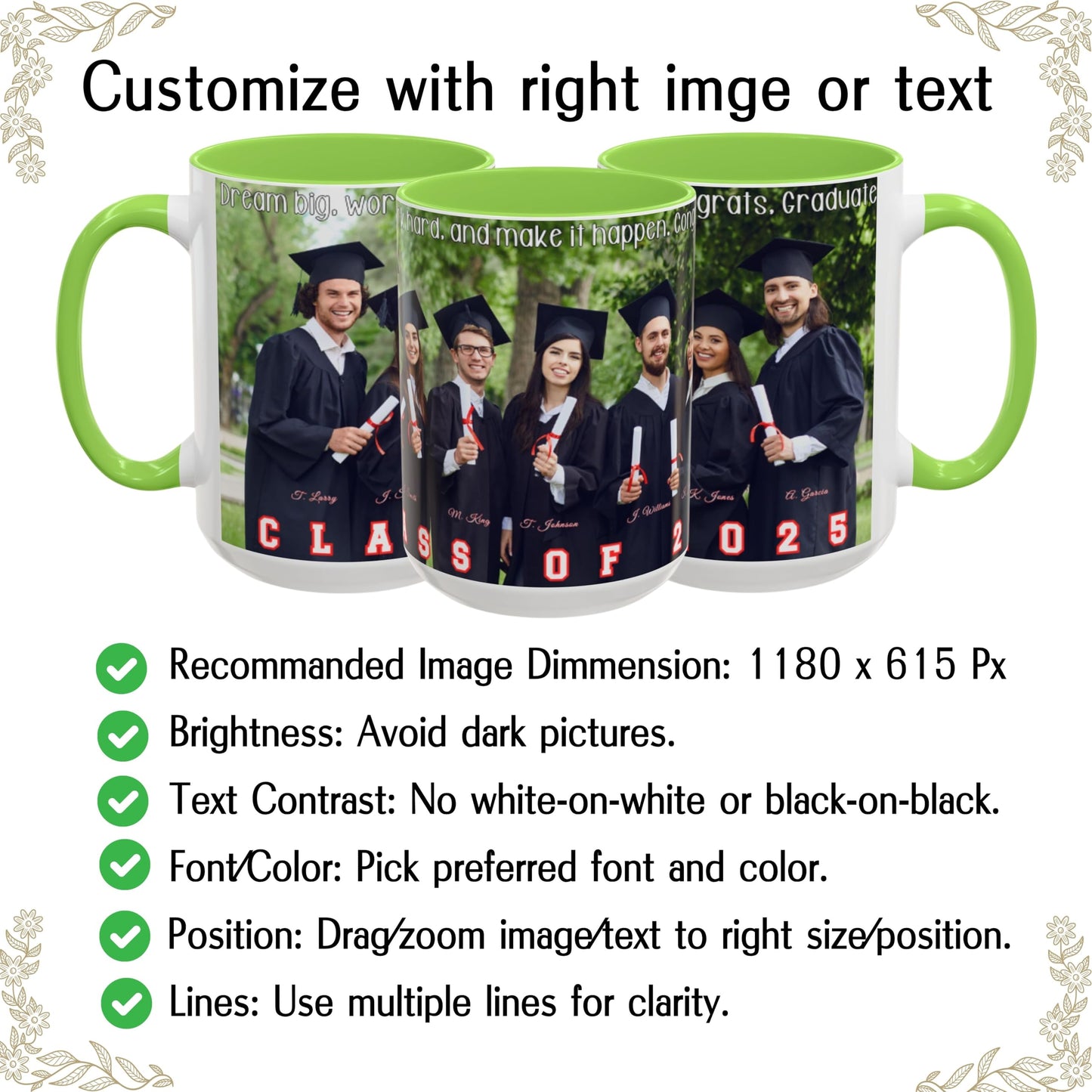 Custom Mug, 15oz White/Light Green Wrap Around Design Ceramic Coffee Mug, Personalized Gift with Photo, Text or Logo