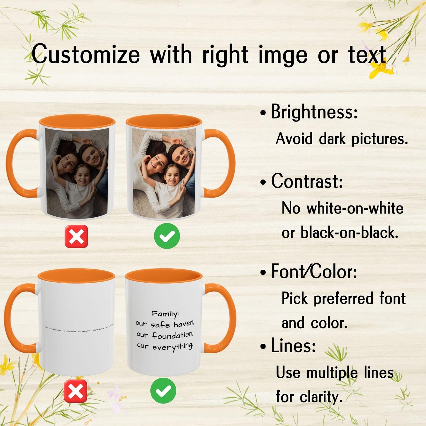 Custom Mug, 11oz White/Golden Yellow Square Design Ceramic Coffee Mug, Personalized Gift with Photo, Text or Logo