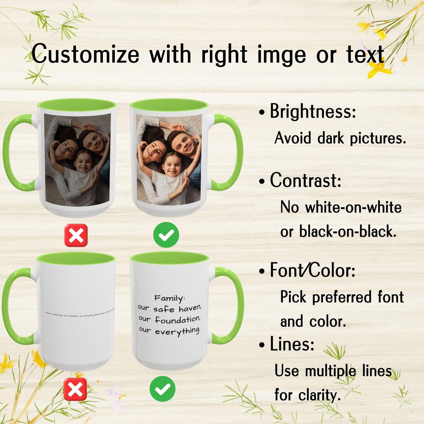Mug personnalisé, 15 oz, en céramique, blanc/vert clair, design carré, cadeau personnalisé avec photo, texte ou logo