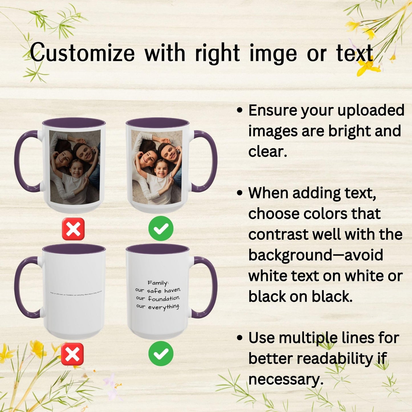 Mug personnalisé, Tasse à café en céramique de 425 ml, carrée blanche/violette, Cadeau personnalisé avec photo, texte ou logo