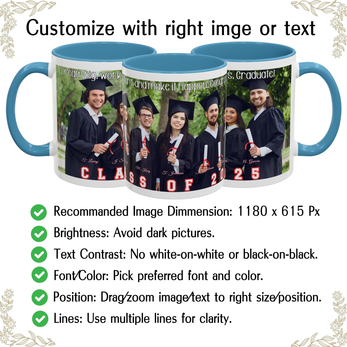 Mug personnalisé blanc/bleu clair 325 ml, cadeau personnalisé avec photo, texte ou logo, motif enveloppant