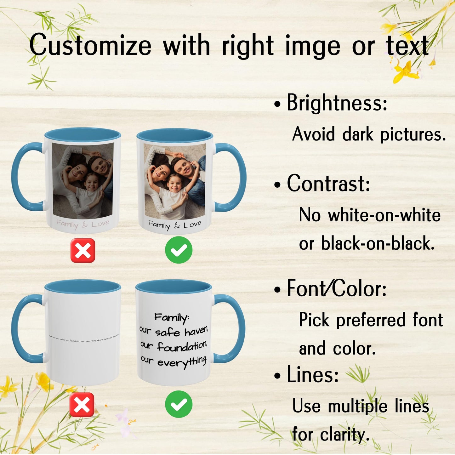 Benutzerdefinierte Tasse, 325ml Weiß/Hellblau Quadratisches Design Keramik Kaffeetasse, Personalisiertes Geschenk mit Foto, Text oder Logo