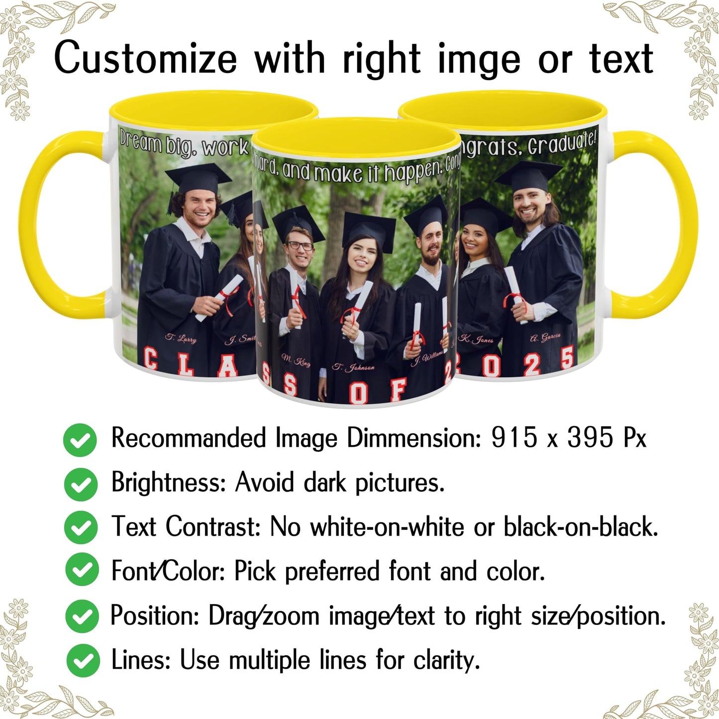 Custom Mug White/Yellow 11oz, Personalized Gift with Photo, Text or Logo, Wrap Around Design