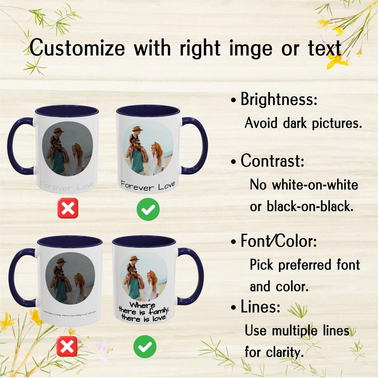 Mug personnalisé, Tasse à café en céramique 325 ml, design cercle blanc/bleu marine, cadeau personnalisé avec photo, texte ou logo
