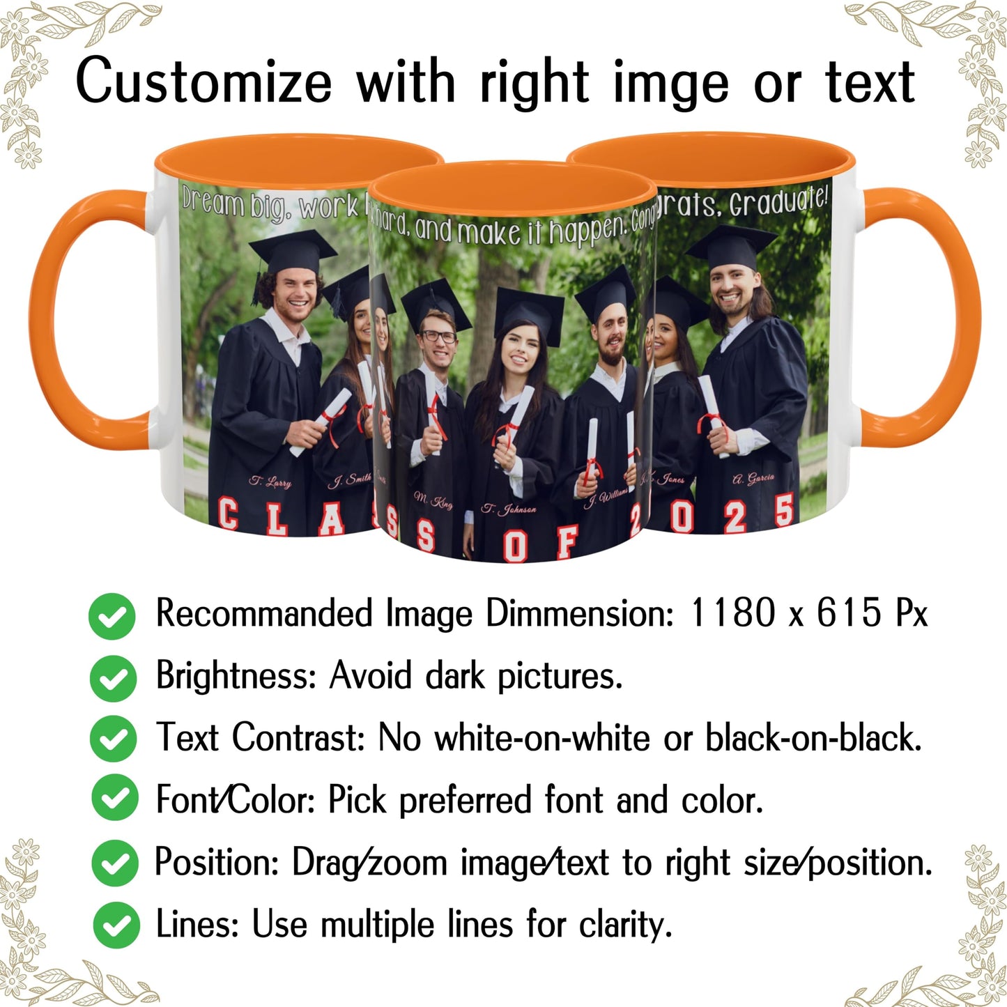 Mug personnalisé blanc/jaune doré 325 ml, cadeau personnalisé avec photo, texte ou logo, motif enveloppant