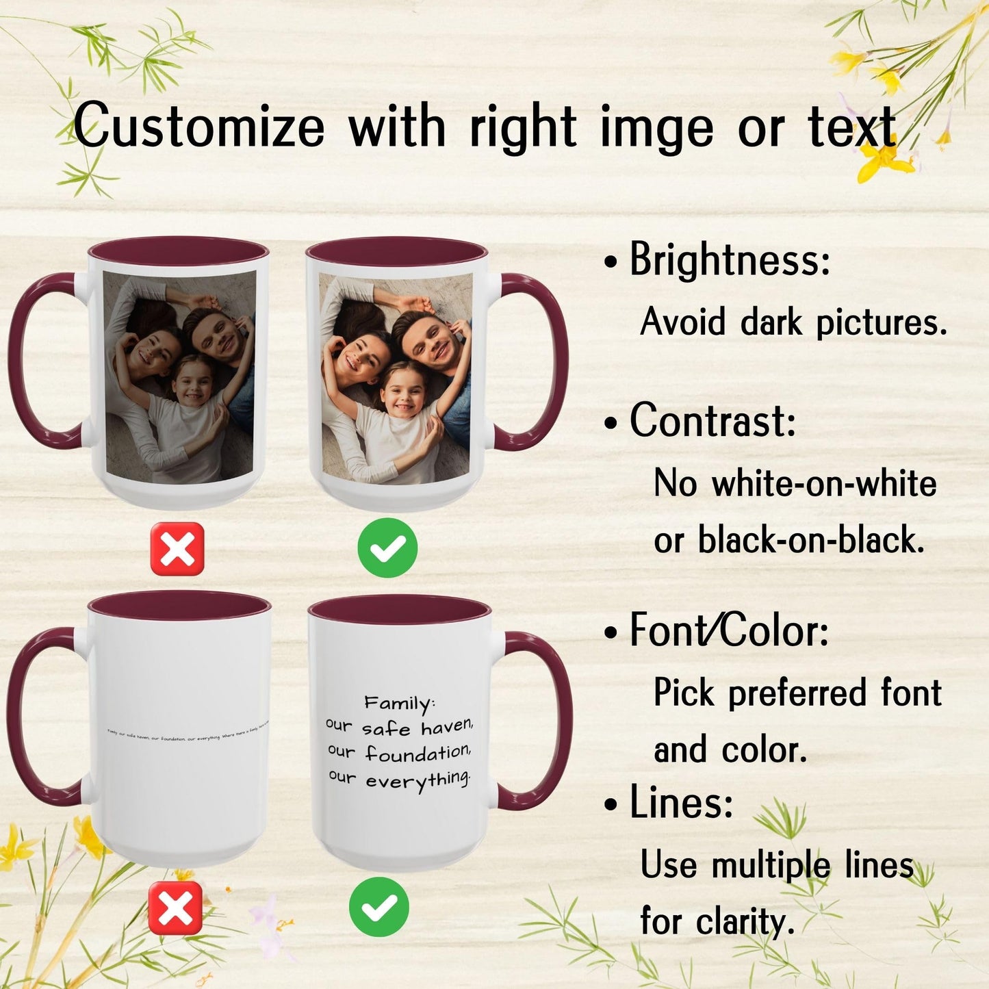 Custom Mug, 15oz White/Maroon Square Design Ceramic Coffee Mug, Personalized Gift with Photo, Text or Logo