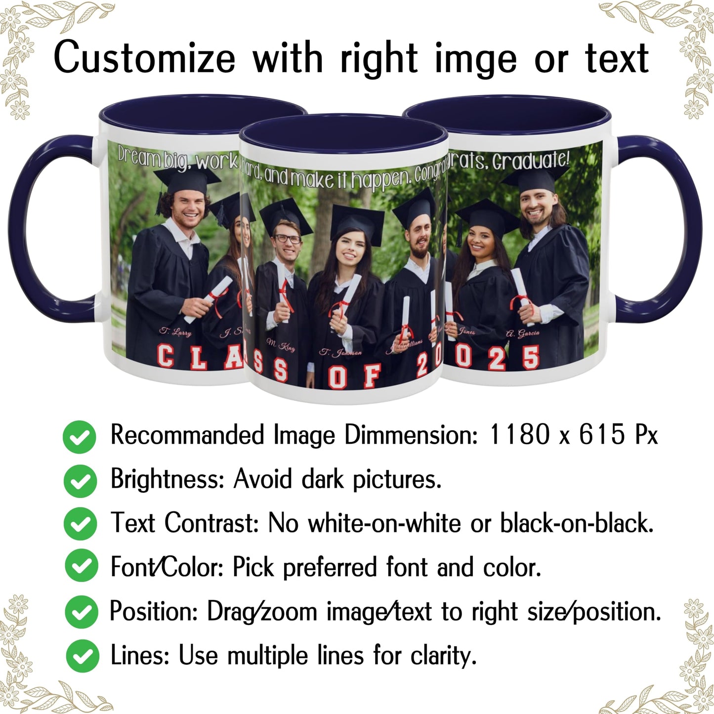 Mug personnalisé blanc/bleu marine 325 ml, cadeau personnalisé avec photo, texte ou logo, motif enveloppant