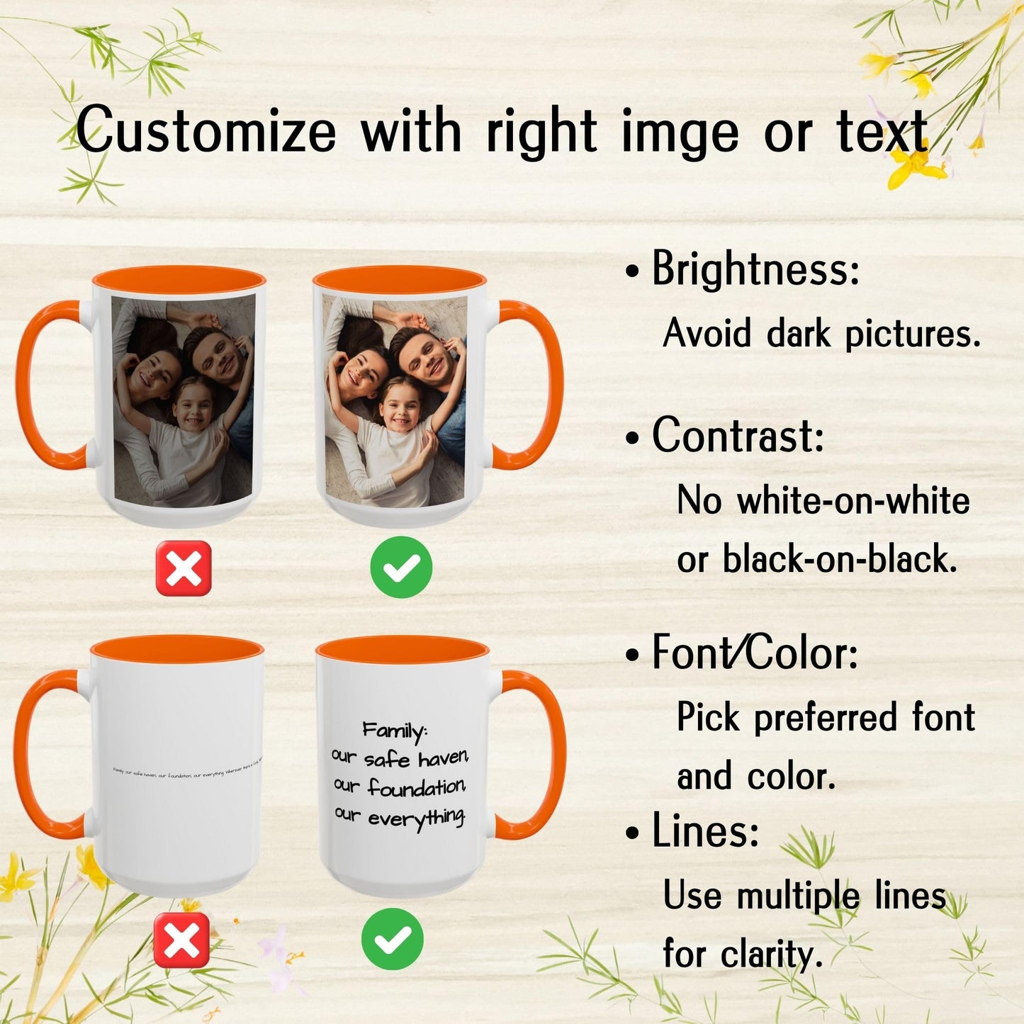 Tasse personnalisée, Tasse à café en céramique 44 cl blanche/orange motif carré, Cadeau personnalisé avec photo, texte ou logo