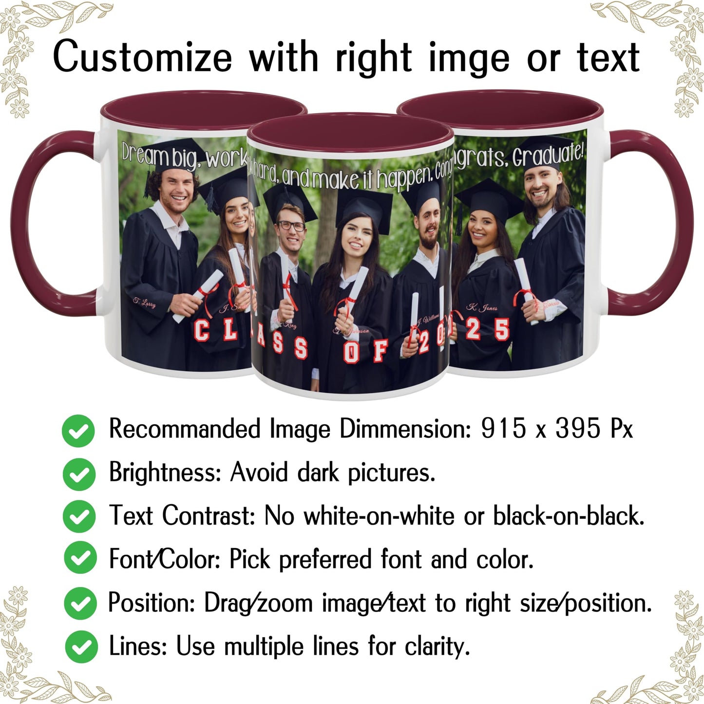 Mug personnalisé blanc/bordeaux 325 ml, cadeau personnalisé avec photo, texte ou logo, motif enveloppant