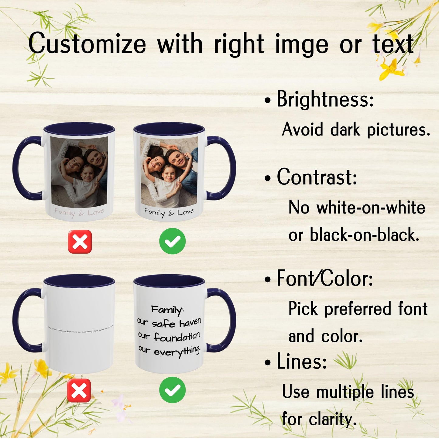 Mug personnalisé blanc/bleu marine 325 ml, cadeau personnalisé avec photo, texte ou logo, format carré